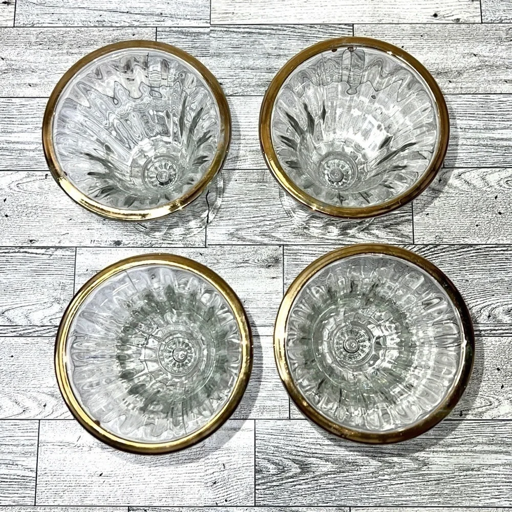 Libbey Vintage Gold Rim Pressed Glass Ice Cream Sundae Set of 4